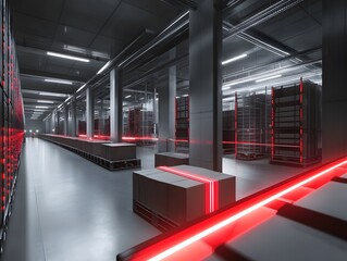 Poster - Futuristic data center with illuminated servers and sleek design, showcasing technology and innovation in modern computing.