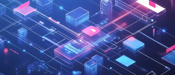 Poster - Futuristic digital landscape featuring interconnected blocks and glowing lines, representing modern technology and data flow.