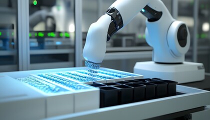 Poster - futuristic robotic arm working with glowing circuit board in a high-tech laboratory environment.
