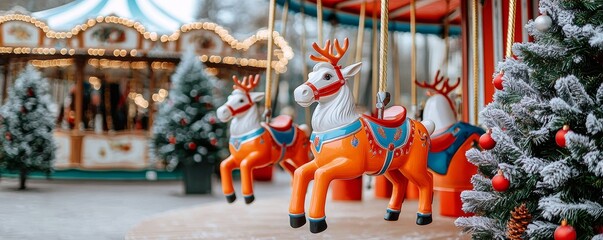 Vintage Carousel with Reindeer for Christmas Theme