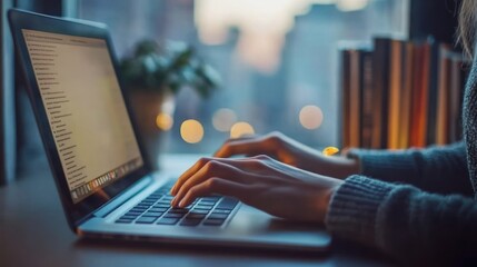 Poster - A person typing on a laptop in a cozy environment with blurred city lights in the background.