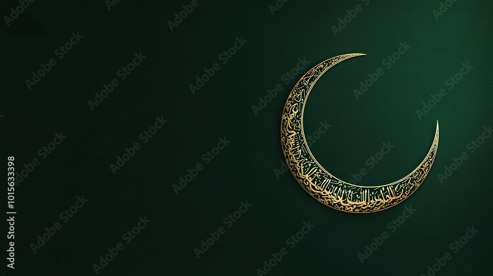 Golden Crescent Moon with Arabic Calligraphy on a Green Background ...