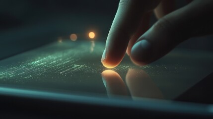 Poster - A finger gently touches a glowing touchscreen, revealing digital information in a dark setting.