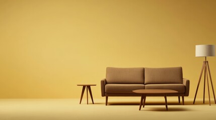 Poster - A curated arrangement of minimalist home furniture icons, including a sofa, armchair, lamp, and coffee table, displayed against a soft yellow backdrop, emphasizing modern design