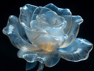 Wall Mural - A translucent, glowing white rose with a golden center against a black background.