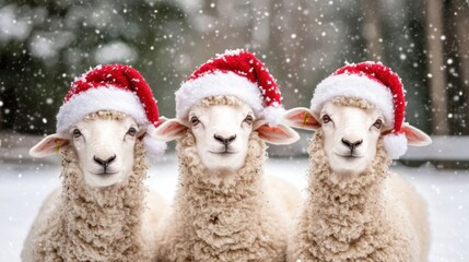 Wall Mural - Three sheep adorned with Santa hats stand together in a snowy landscape, capturing the joy of the holiday season