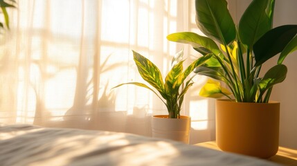 Wall Mural - Warm sunlight filters through curtains, creating beautiful shadows and highlighting lush indoor plants in a serene space