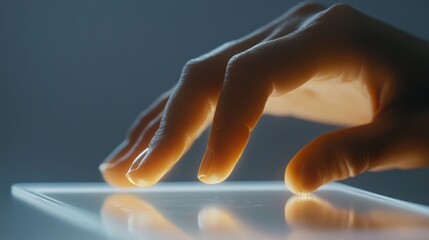 Poster - A hand gently touches a glowing touchscreen, highlighting interaction with technology.