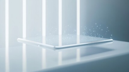 Poster - A futuristic smartphone levitating with glowing particles and light beams in a minimalist setting.