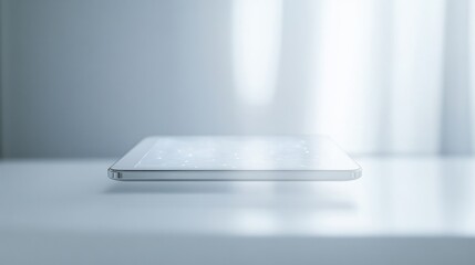 Poster - A sleek tablet device floating above a surface, illuminated by soft light.