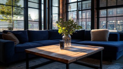 Wall Mural - This modern loft living room showcases a deep blue sectional sofa with textured cushions, complemented by a wooden coffee table and a vase of eucalyptus. Natural light filters through tall windows