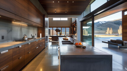 Poster - Contemporary kitchen with dark wood cabinets, a polished concrete countertop, and sleek integrated appliances, offering a blend of modern design and natural materials.
