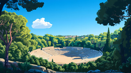 Wall Mural - Ancient greek amphitheater surrounded by lush green trees under a clear blue sky with a single white cloud. Greek Amphitheater. Illustration