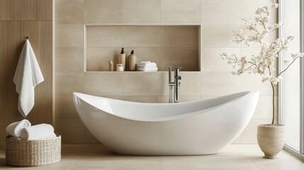 Aufkleber - This spacious bathroom showcases a sleek freestanding tub, wooden accents, and neutral tones, creating a relaxing atmosphere