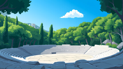 Wall Mural - Ancient greek amphitheater surrounded by lush green trees under a clear blue sky with a single white cloud. Greek Amphitheater. Illustration