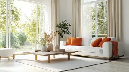 Poster - A stylish living room featuring a comfortable white sofa adorned with orange cushions, a wooden coffee table, and large windows allowing ample sunlight