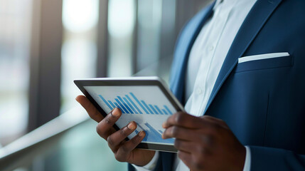 Poster - a businessman holding a digital tablet with business data statistics display on it, data audit or analysis concept 