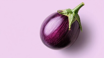 Wall Mural - A single, ripe, purple eggplant with a green stem sits on a light pink background.