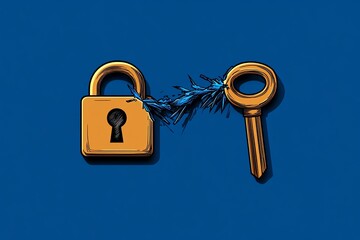Aufkleber - Minimalist lock icon being broken by a phishing attack, showing a key and lock separating, drawn in simple, bold lines