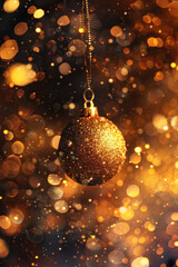 Christmas ball on gold background with bokeh lights.