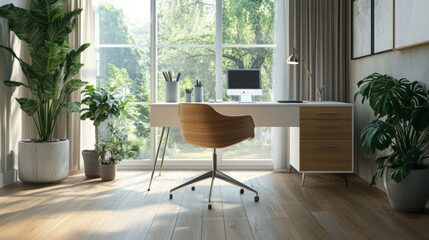 Poster - A stylish home office features a sleek desk in front of a large window, allowing natural light to fill the area. Potted plants add greenery, creating a refreshing and inviting work environment.