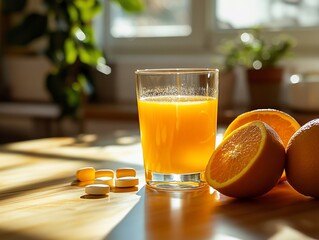 Glass of orange juice with oranges and vitamins on a wooden table.