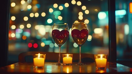 Poster - Romantic Heart-Shaped Wine Glasses with Candles