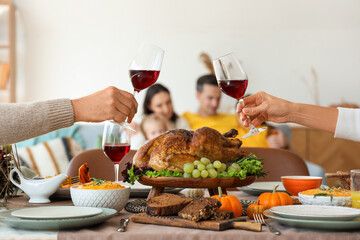 Wall Mural - Mature couple having dinner at festive table on Thanksgiving Day, closeup