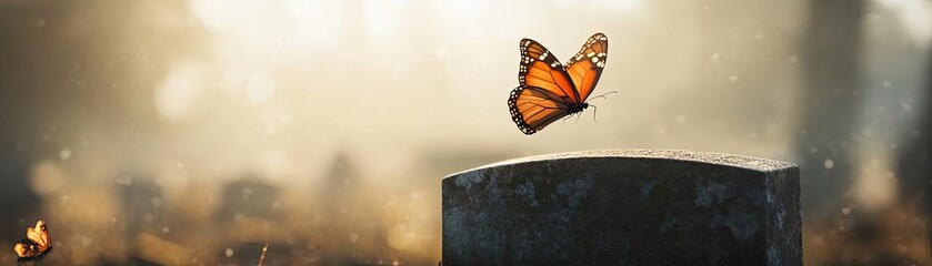 Poster - A vibrant butterfly hovers above a gravestone, symbolizing beauty and remembrance in a serene and tranquil setting.