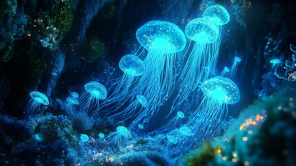Poster - A mesmerizing display of bioluminescent jellyfish moves elegantly through a coral reef, illuminating the dark ocean depths with their radiant blue light, creating a stunning underwater spectacle.