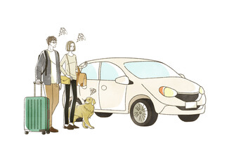 Poster - 困った表情の車で旅行をする男女と犬