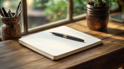 Open notebook mockup on a wooden desk, blank white pages, a sleek pen resting on top, soft natural lighting, ultrarealistic detail of paper texture and pen design