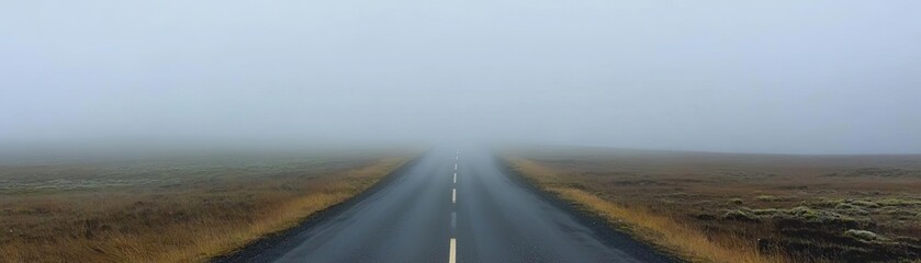 Poster - A serene road stretches into the thick fog, symbolizing mystery and adventure in the quiet landscape.