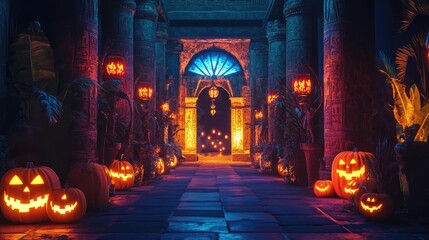 Poster - A mystical Halloween hallway adorned with glowing pumpkins and enchanting lights, perfect for spooky themes and autumn decorations.