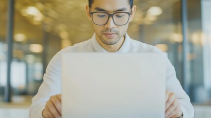 Poster - Focused Male Programmer Working Late in Modern Office, Highlighting Business Technology and Dedication
