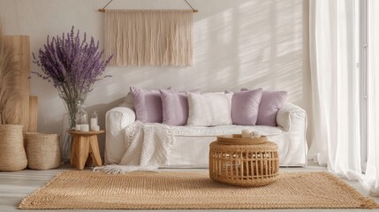 Aufkleber - A living room with a white sofa, lavender pillows, and a natural fiber rug. A vase of lavender is on a wooden side table. The room is lit by sunlight streaming through a large window.