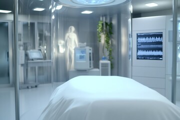 Aufkleber - Futuristic Longevity Clinic with High-Tech Diagnostic Pod and Holographic Displays