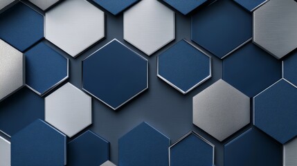 A modern abstract design featuring hexagons in shades of blue and gray, with white outlines on the edges for contrast. The background is a textured surface with small details that add depth 