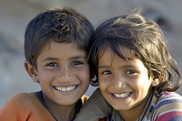 Wall Mural - Portrait of a young boy and girl smiling at the camera.