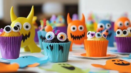 Delightful Halloween party table featuring whimsical monster cupcakes and colorful decorations. Perfect for children's Halloween celebrations, creating fun memories.