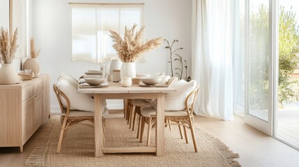 Poster - A beautifully arranged dining area featuring a wooden table surrounded by elegant chairs, soft textiles, and a warm color palette. Natural light floods the space, enhancing the serene ambiance.