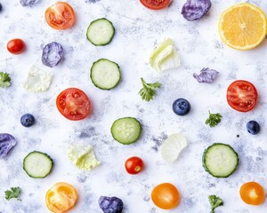 Aufkleber - Vibrant Fruit and Vegetable Pattern on White Background – Colorful Healthy Food Flat Lay