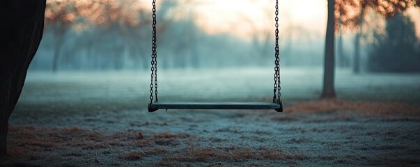 Poster - A serene swing hanging in a frosty park, surrounded by trees, capturing the peaceful essence of a winter morning.