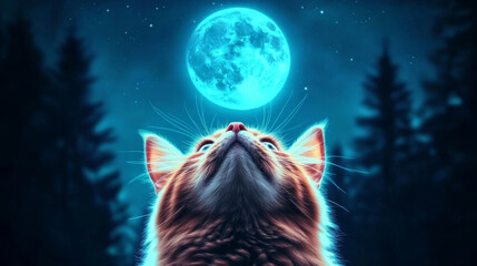 Sticker - A cat gazing up at a glowing blue moon in the night sky.