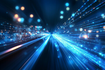 Wall Mural - Curved road of technological blue light particles for technology internet concept