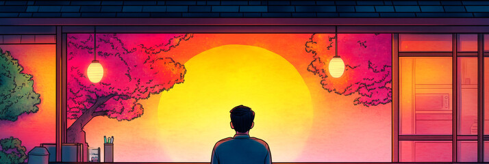 Sticker - A man stands by a window, looking out at a sunset over a cityscape.