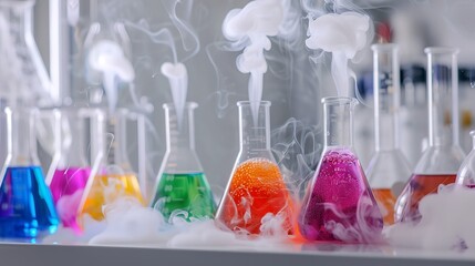 Beakers with colorful chemicals, smoke rising in a sterile white lab environment, high detail