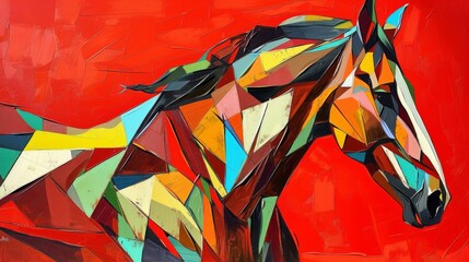 Aufkleber - A vibrant, geometric illustration of a horse made of colorful angular shapes against a bold red background. The artwork captures movement and energy, perfect for contemporary design projects.