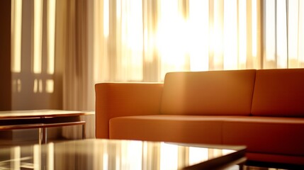 Poster - A modern living room showcases a sleek orange sectional sofa and a glass coffee table, bathed in soft sunlight filtering through sheer curtains
