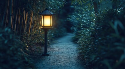 Wall Mural - a single lantern illuminates a stone path in a dark bamboo forest.